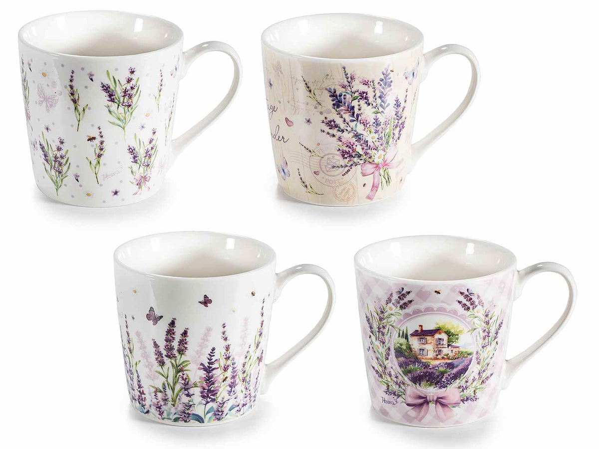 Tazze in porcellana con stampa tema lavanda, set da 8 pezzi, Ø 9,5 cm x 9 H