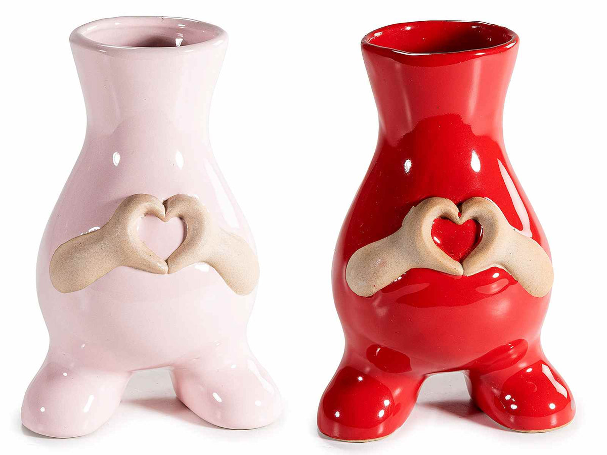Vasi in porcellana colorata rossa e rosa con piedini di appoggio e mani che, set da 4 pezzi, cm 10 x 8,5 x 15 H