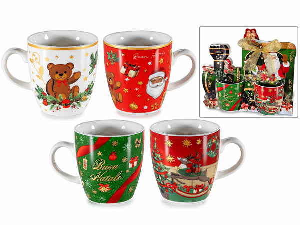 Tazzine di Natale in porcellana in confezione regalo sagomata a trenino, set da 4 pezzi, Tazzina: Ø 5,5 cm x 6 H