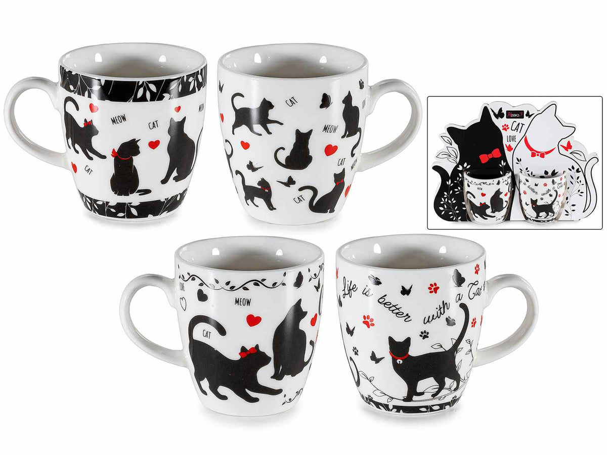 Tazzine da caffè in porcellana con stampa gatti in confezione regalo sagomata, set da 4 pezzi, Tazzina: Ø 5,5 cm x 6 H