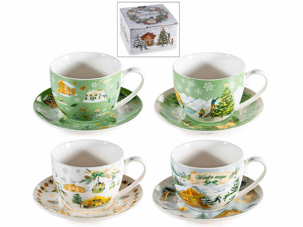 Tazze da tè / tisane natalizie in porcellana con piattino, in confezione regalo, set da 4 pezzi, Tazza: Ø 9 cm x 6,5 H