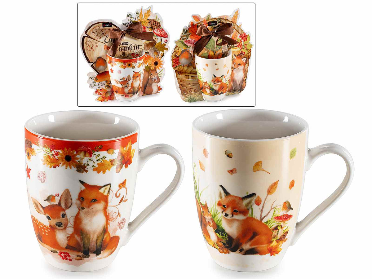Tazze in porcellana con decoro animaletti del bosco e confezione regalo, set da 4 pezzi, Tazza: Ø 8 cm x 10,5 H