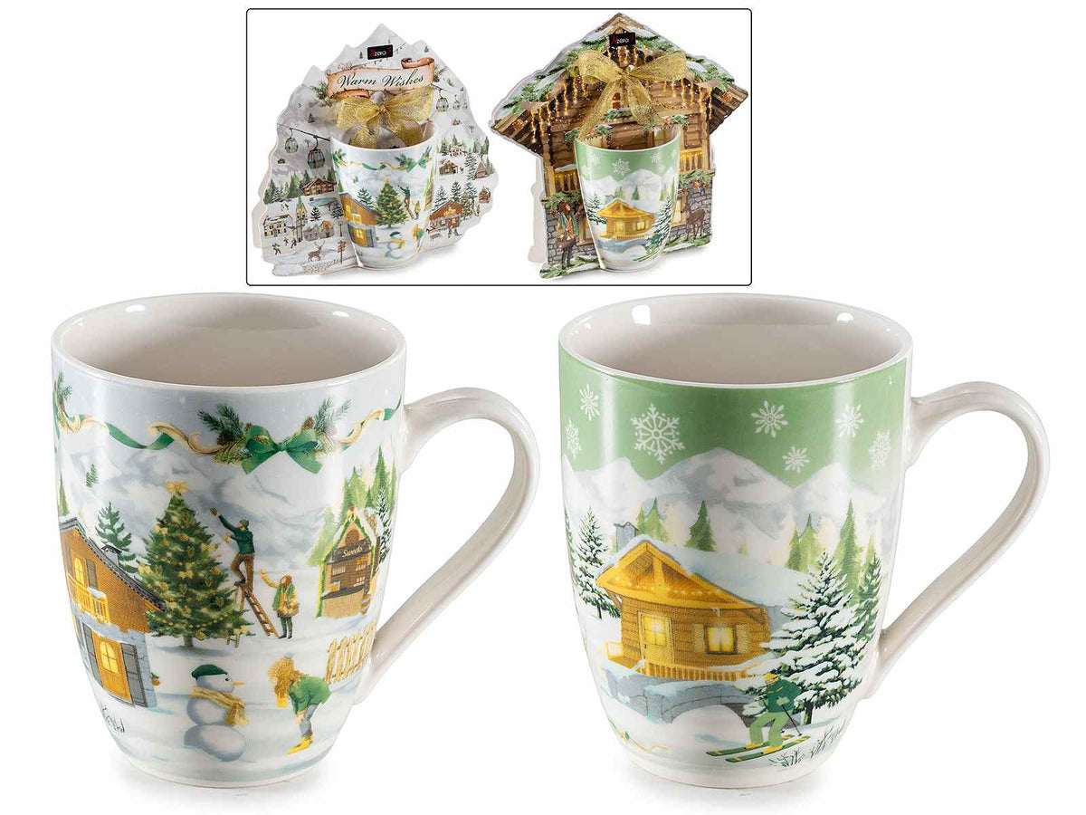 Tazze di Natale in porcellana con decoro villaggio innevato, in confezione, set da 4 pezzi, Tazza: Ø 8 cm x 10,5 H