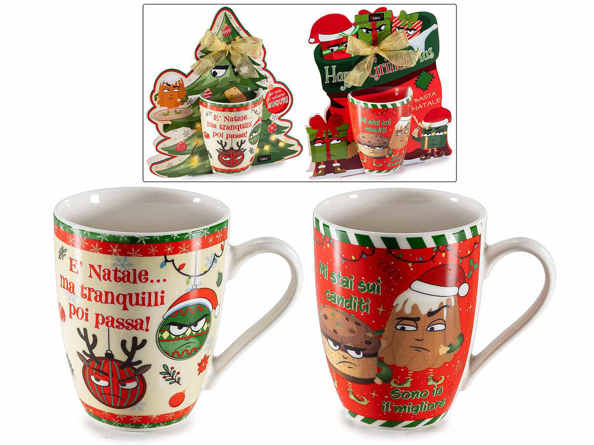 Tazze di Natale in porcellana con decoro frasi divertenti / simpatiche, set da 4 pezzi, Tazza: Ø 8 cm x 10,5 H