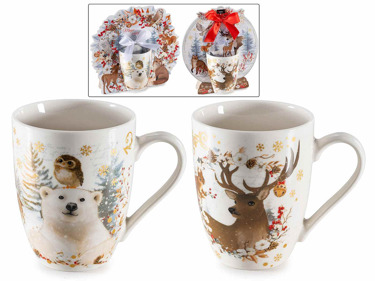 Tazze di Natale in porcellana con decoro animali del bosco, in confezione, set da 4 pezzi, Tazza: Ø 8 cm x 10,5 H