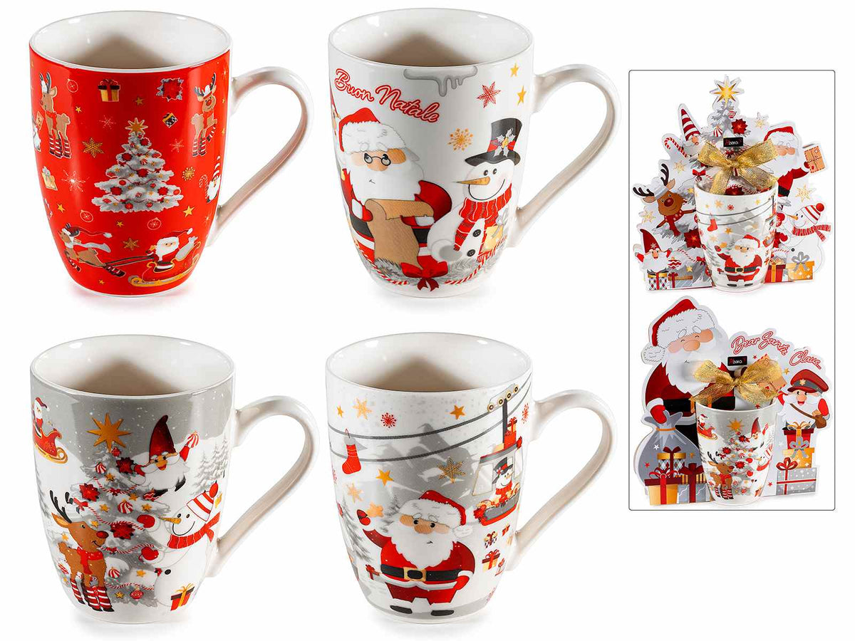 Tazze di Natale in porcellana con decoro a tema, in confezione regalo sagomata, set da 4 pezzi, Tazza: Ø 8 cm x 10,5 H