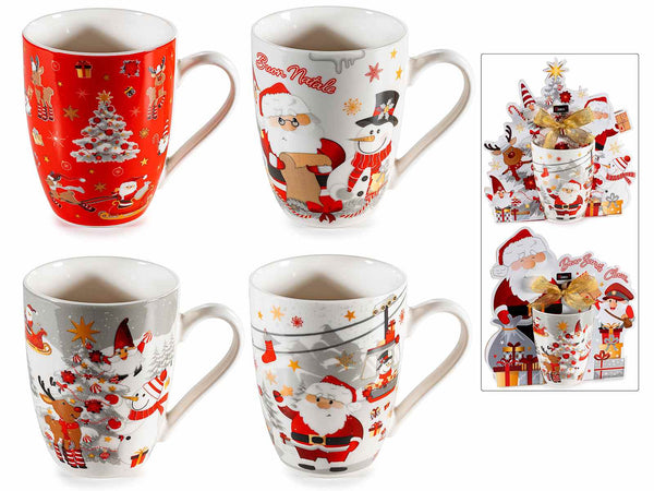 Tazze di Natale in porcellana con decoro a tema, in confezione regalo sagomata, set da 4 pezzi, Tazza: Ø 8 cm x 10,5 H