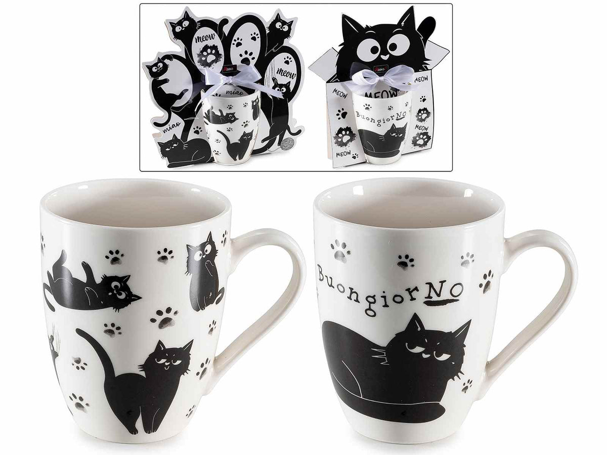 Tazze in porcellana con decoro gatti e confezione regalo sagomata con fiocchetto, set da 4 pezzi, Tazza: Ø 8 cm x 10,5 H