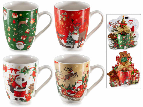 Tazze di Natale in porcellana con decoro vintage, in confezione regalo sagomata, set da 4 pezzi, Tazza: Ø 8 cm x 10,5 H