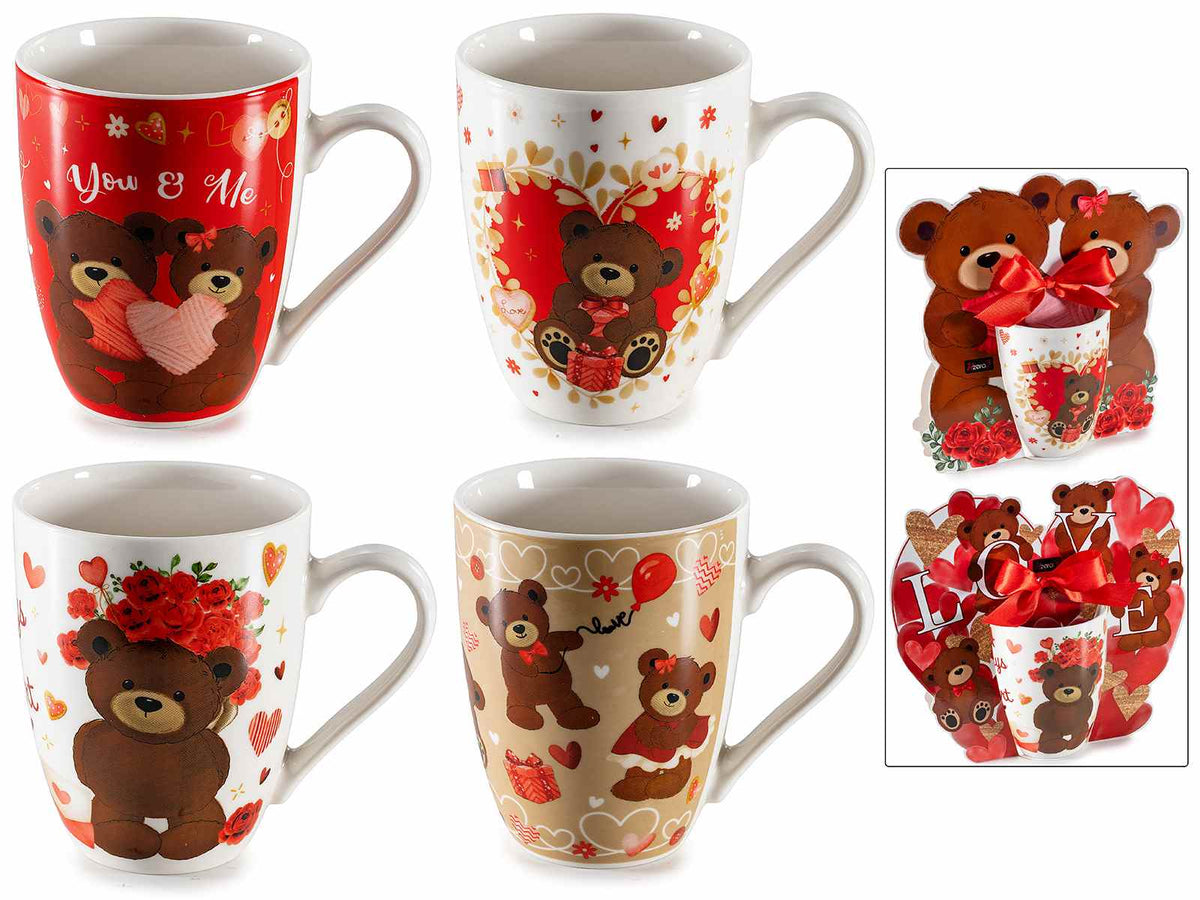 Tazze in porcellana con stampa orsetto innamorato, in confezione regalo, set da 4 pezzi, Tazza: Ø 8 cm x 10,5 H