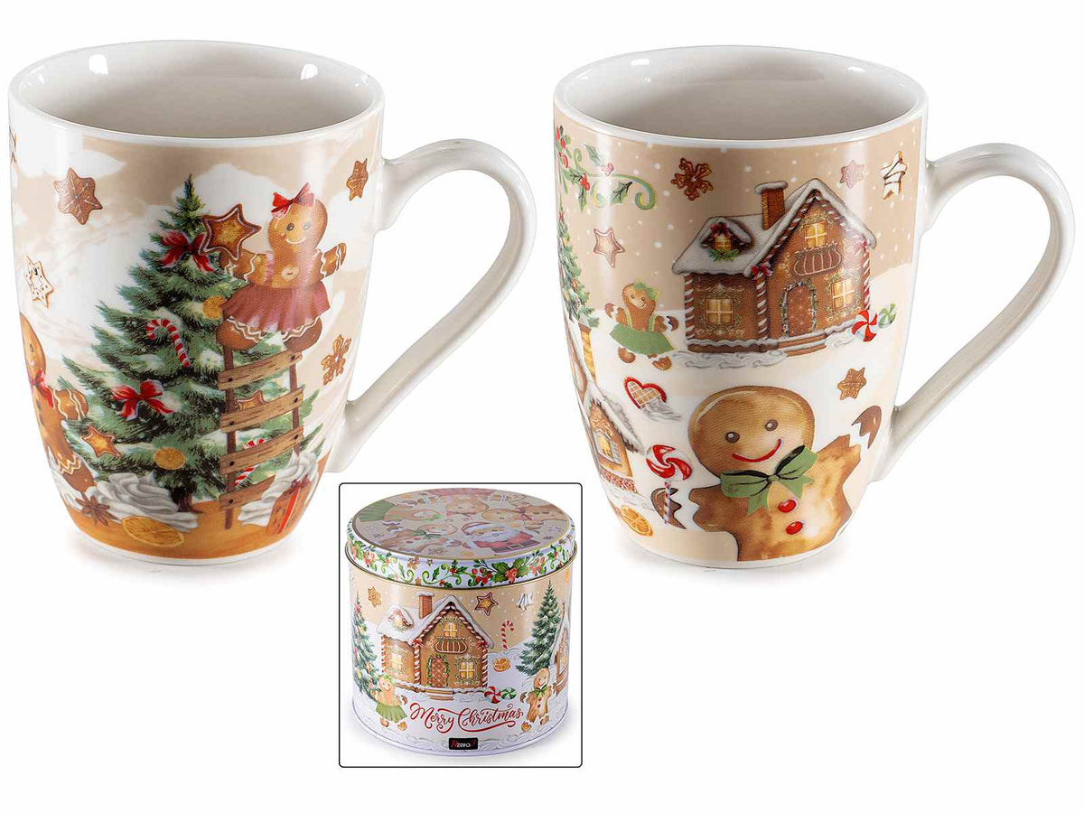 Tazze natalizie in porcellana in confezione regalo di metallo, decorazioni, set da 2 pezzi