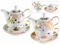 Teiera con tazza e piattino in porcellana con decorazioni floreali, set da 2 pezzi, cm 16 x 10,5 x 14 H