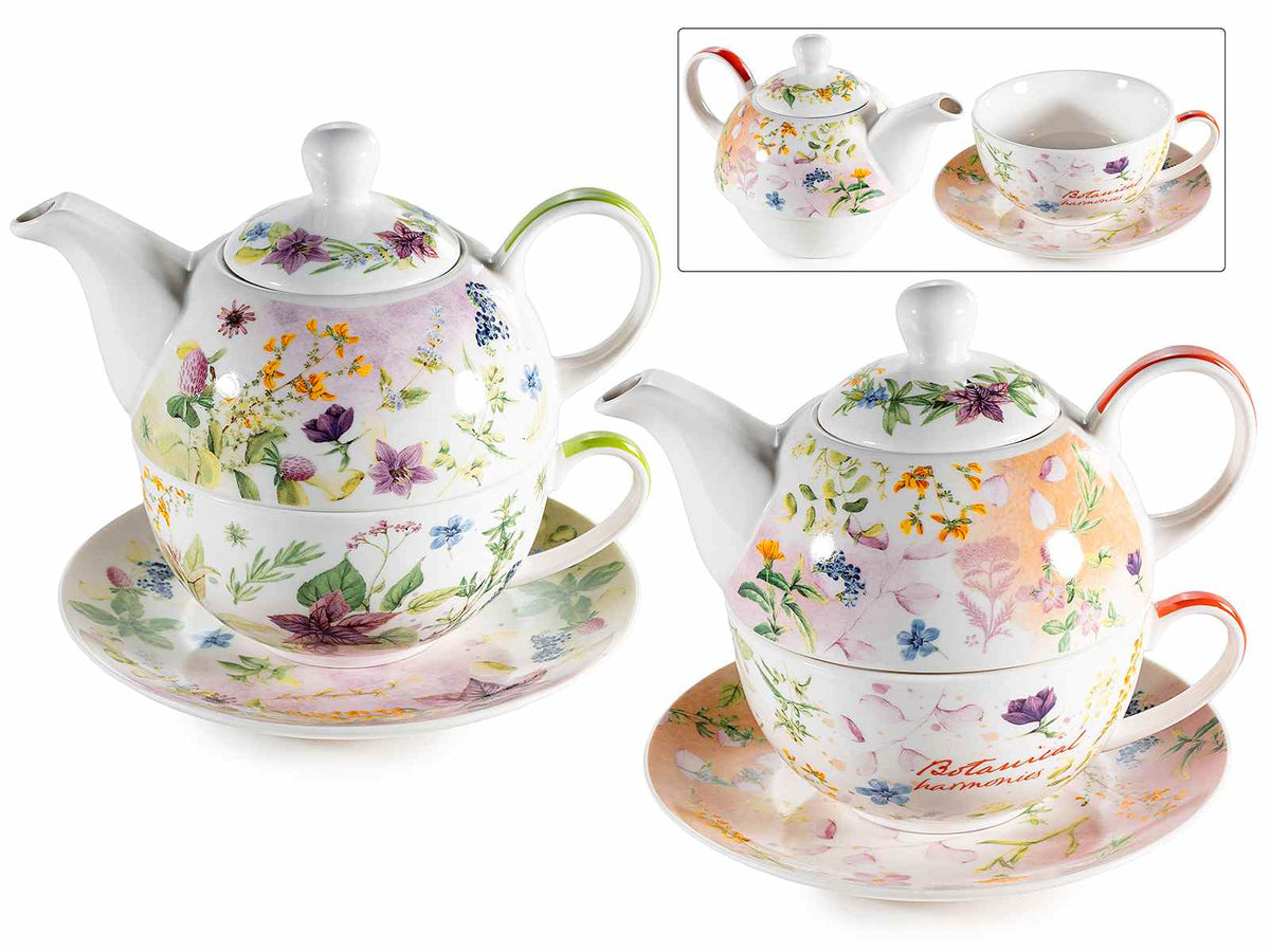 Teiera con tazza e piattino in porcellana con decorazioni floreali, set da 2 pezzi, cm 16 x 10,5 x 14 H