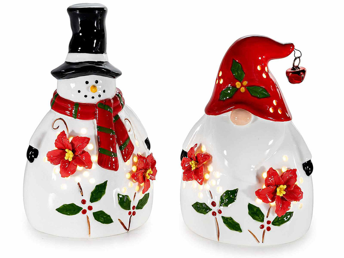 Babbo Natale e pupazzo di neve in porcellana lavorata con rilievo e luci LED, set da 2 pezzi, cm 9,5 x 8 x 16 H