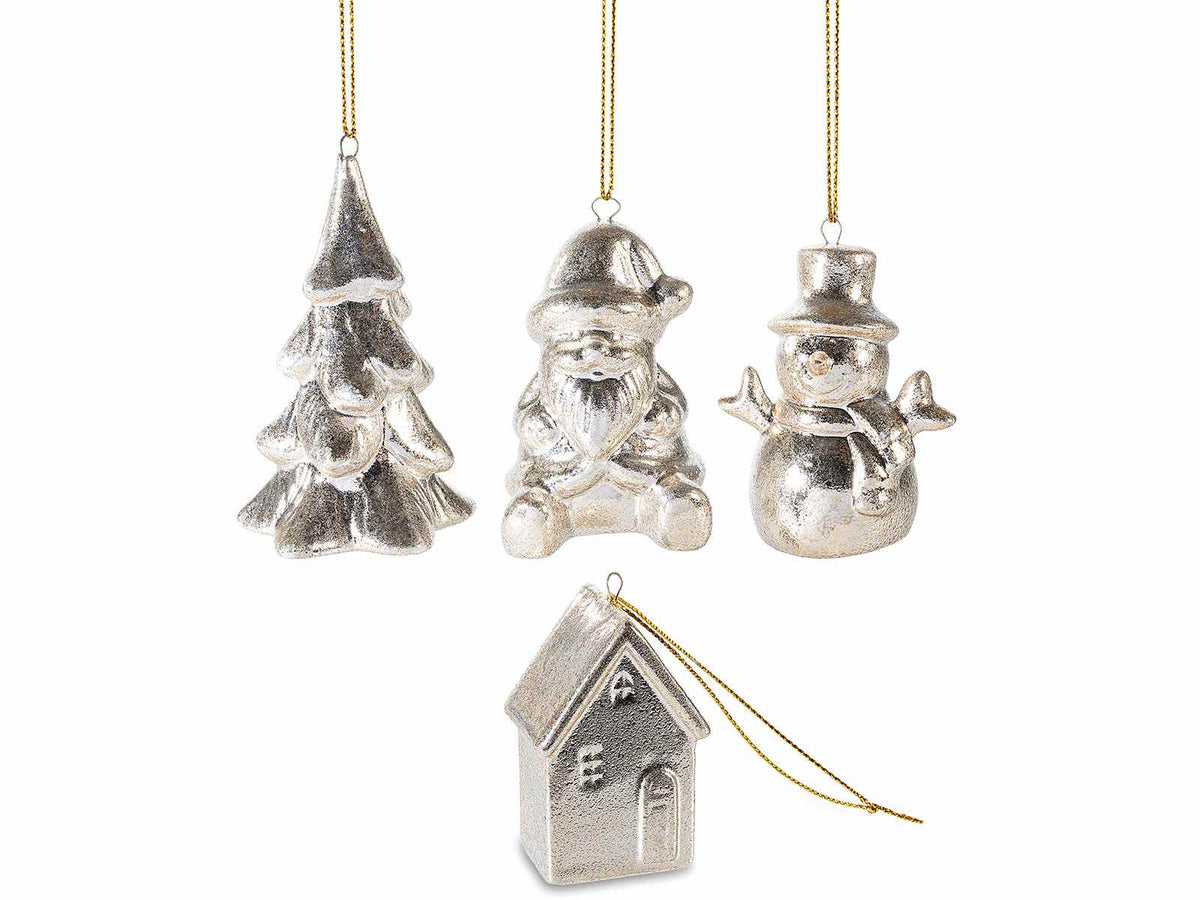 Decorazioni natalizie in porcellana dorata con cordino da appendere, set da 4 pezzi, Albero: cm 5 x 4,5 x 7,5 H