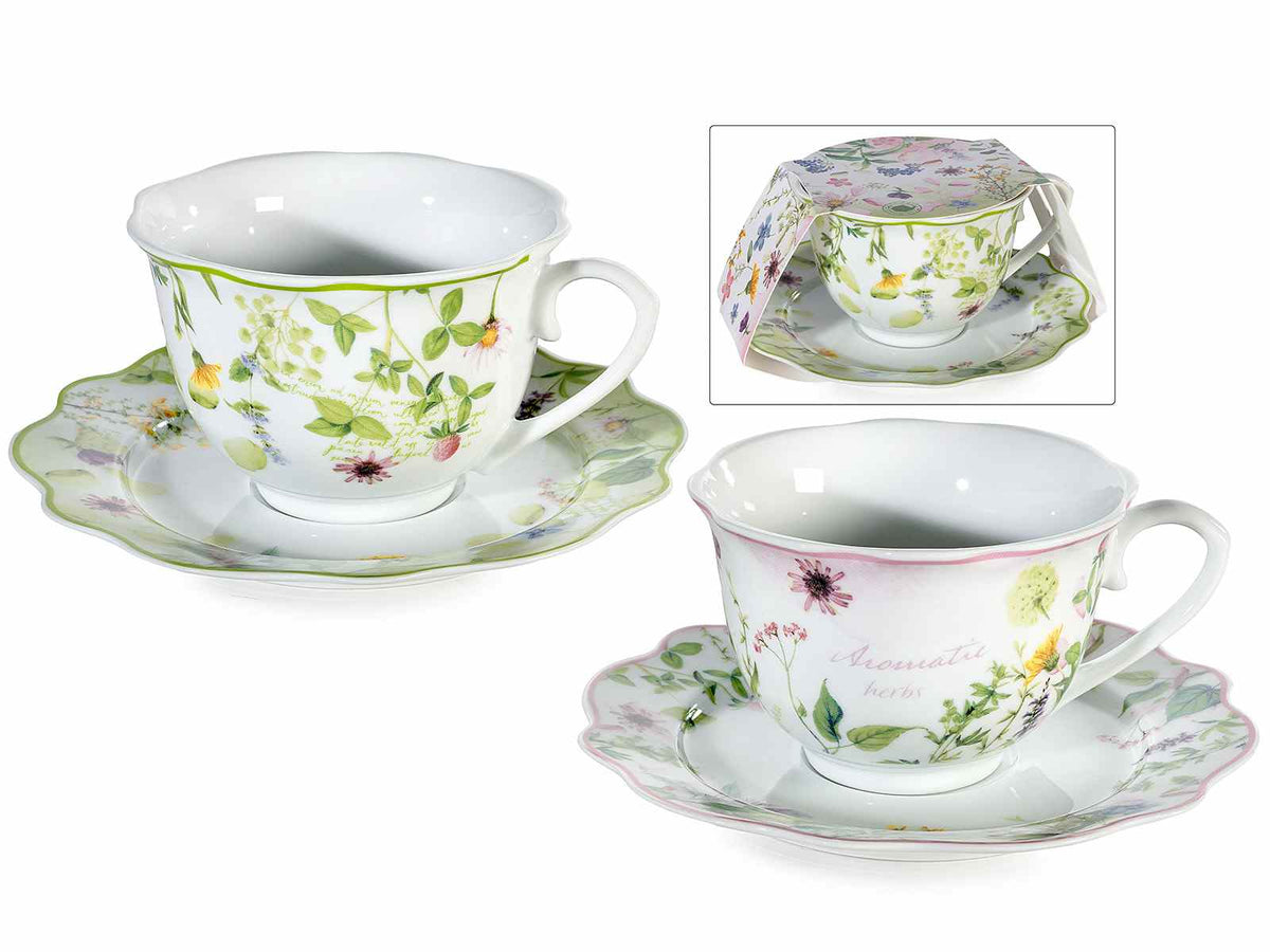 Tazze da tè in porcellana con piattino sagomato e design floreale, set da 2 pezzi, Tazza: Ø 10 cm x 6,5 H