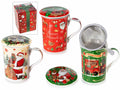 Tazze di Natale in porcellana con filtro in acciaio e coperchio, in confezione, set da 3 pezzi, Tazza: Ø 8 cm x 11,5 H