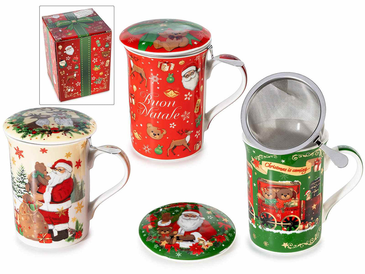 Tazze di Natale in porcellana con filtro in acciaio e coperchio, in confezione, set da 3 pezzi, Tazza: Ø 8 cm x 11,5 H