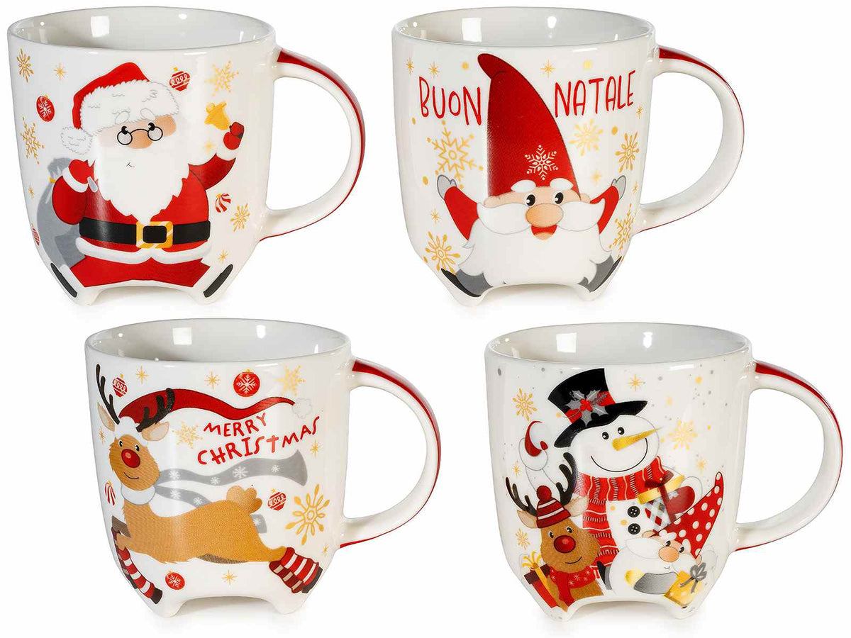 Tazze natalizie in porcellana con piedini e decori dorati, set da 4 pezzi, Ø 8,5 cm x 9 H