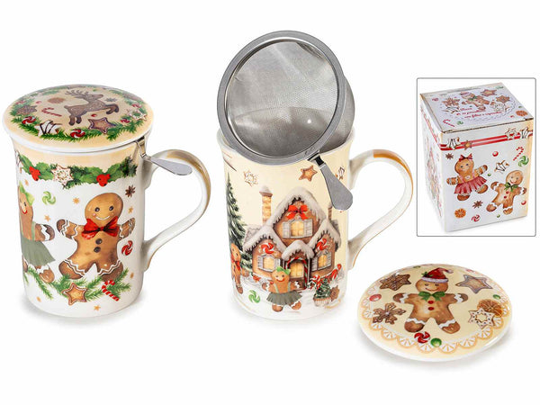 Tazze di Natale con decori pan di zenzero in porcellana con filtro in acciaio, set da 2 pezzi, Tazza: Ø 8 cm x 11,5 H