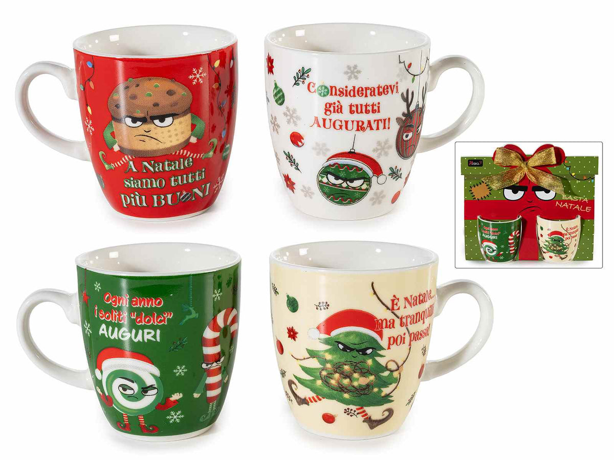 2 tazzine da caffè in porcellana con stampa natalizia frasi divertenti /, set da 4 pezzi, Tazzina: Ø 5,5 cm x 6 H