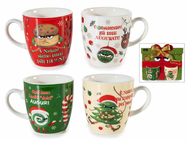 2 tazzine da caffè in porcellana con stampa natalizia frasi divertenti /, set da 4 pezzi, Tazzina: Ø 5,5 cm x 6 H