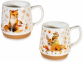 Tazze decorate in porcellana con base in sughero e stampa animaletti del bosco, set da 2 pezzi, Ø 11 cm x 11 H