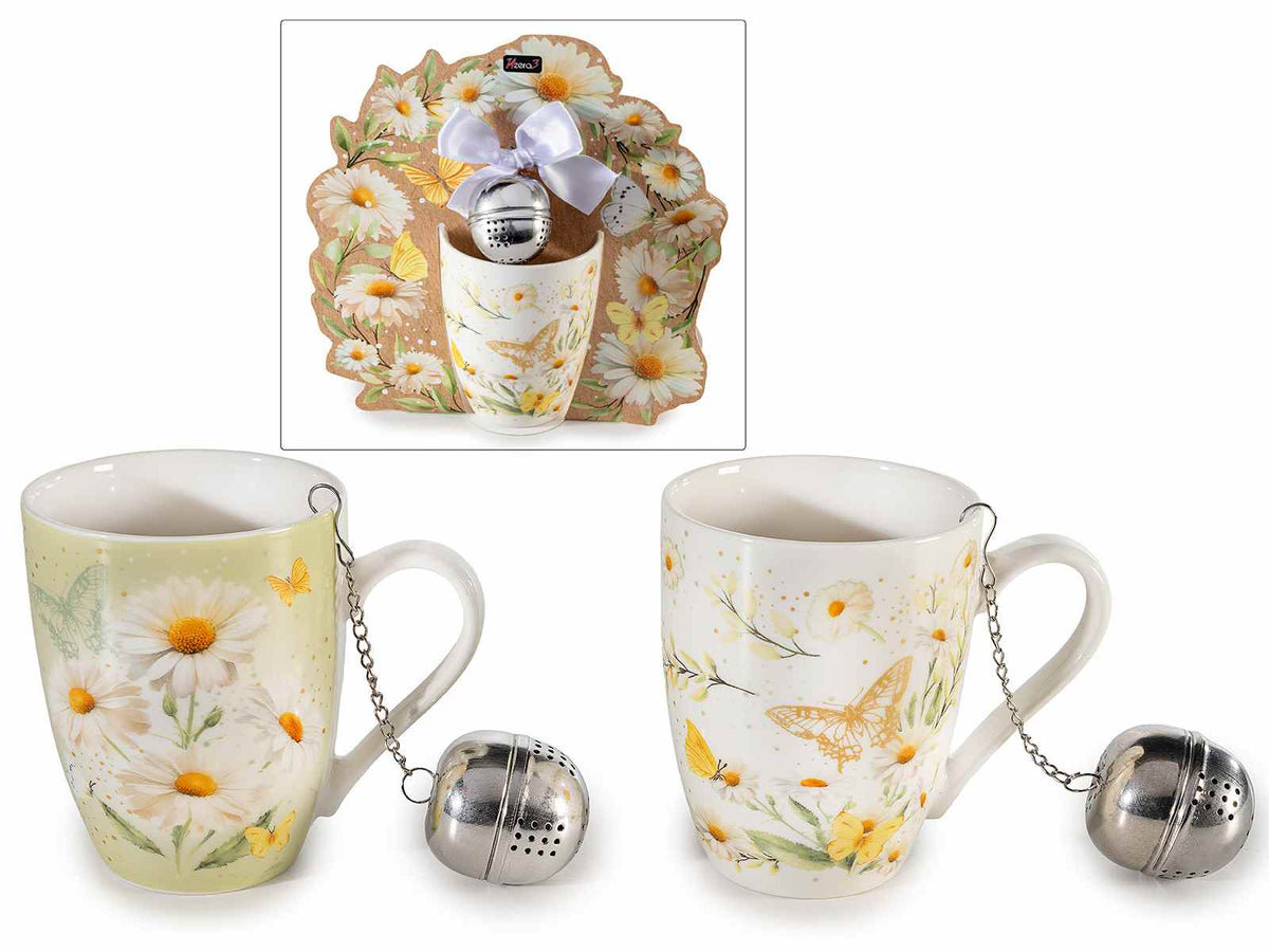 Tazze in porcellana design floreale con filtro del te in metallo in confezione, set da 2 pezzi, Tazza: Ø 8 cm x 10,5 H