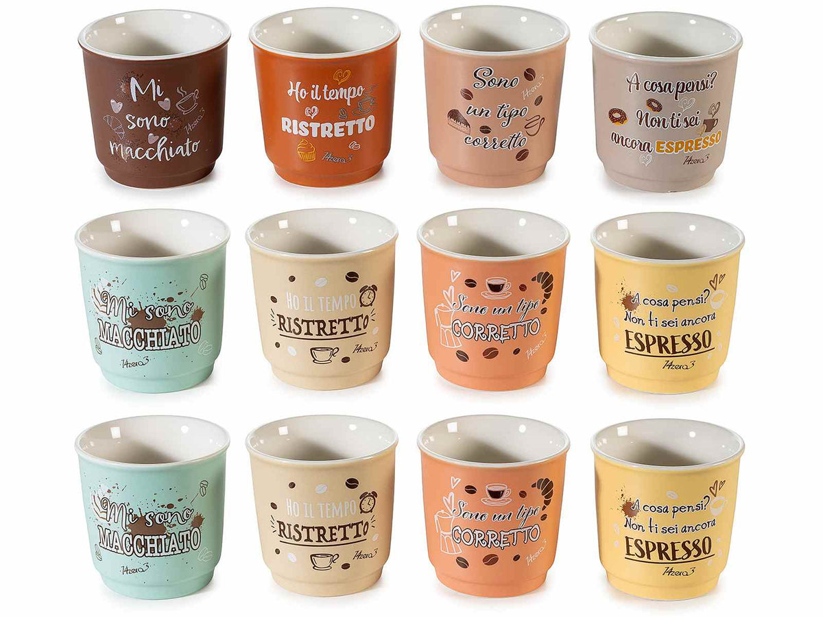 Bicchierini da caffè in porcellana colorata con scritte a tema, set da 12 pezzi, Ø 6 cm x 6 H