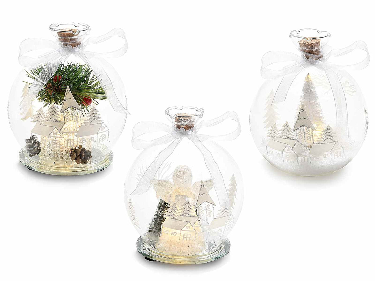 Palline natalizie in vetro con paesaggio e luce led in confezione singola, set da 3 pezzi, Pallina: Ø 10 x 11 H