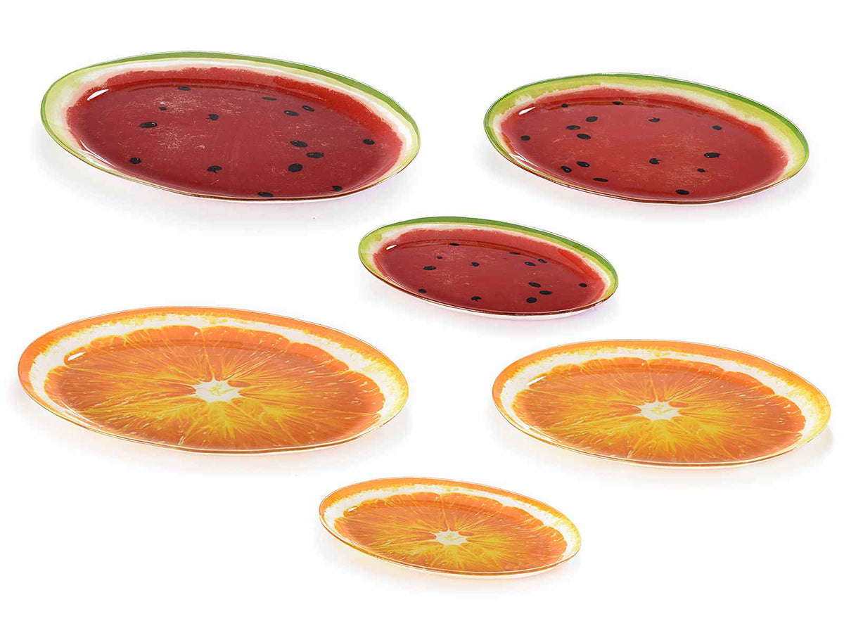Piatti portata / vassoi ovali in vetro con stampa frutti estivi, set da 2 pezzi, Grande: cm 34,5 x 24,5 H