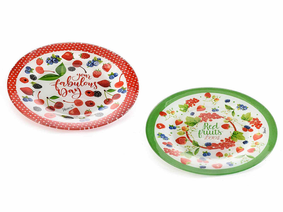 Piatti tondi in vetro stampa frutti rossi, set da 4 pezzi, Ø 25 cm