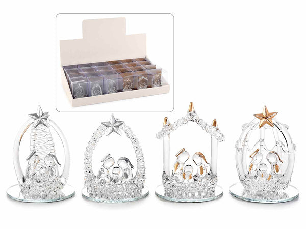 Presepe Sacra Famiglia in vetro con base a specchio in scatola singola, set da 24 pezzi, Ø 4 cm x 5,5 H