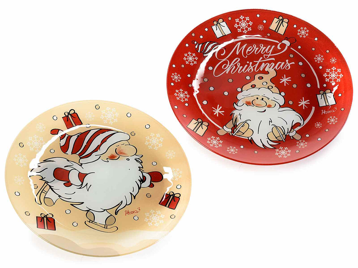 Piatti tondi natalizi in vetro con decoro gnometti, adatti con contatto diretto, set da 4 pezzi, Ø 30 cm