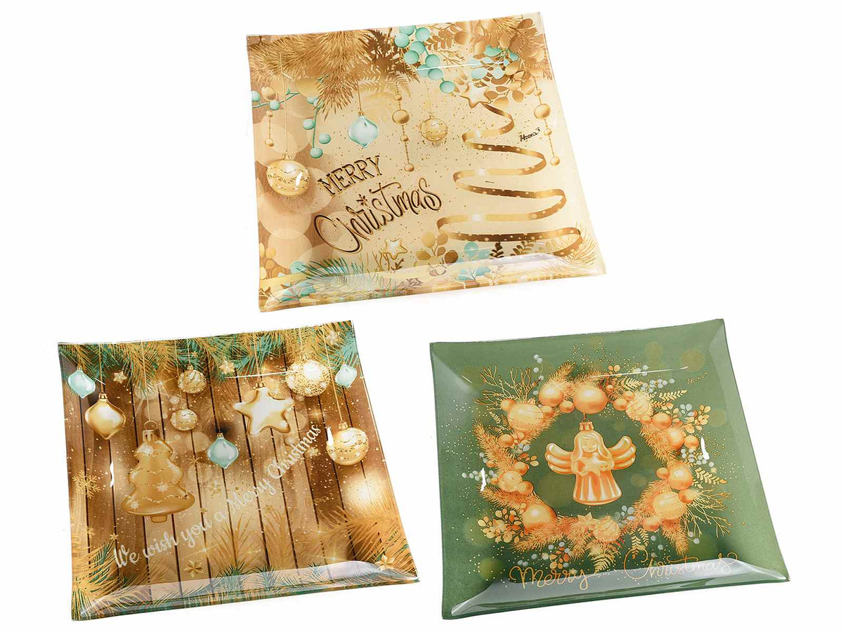 Piatti natalizi quadrati in vetro decorato, adatti al contatto diretto con alimenti, set da 3 pezzi, cm 25 x 25 H
