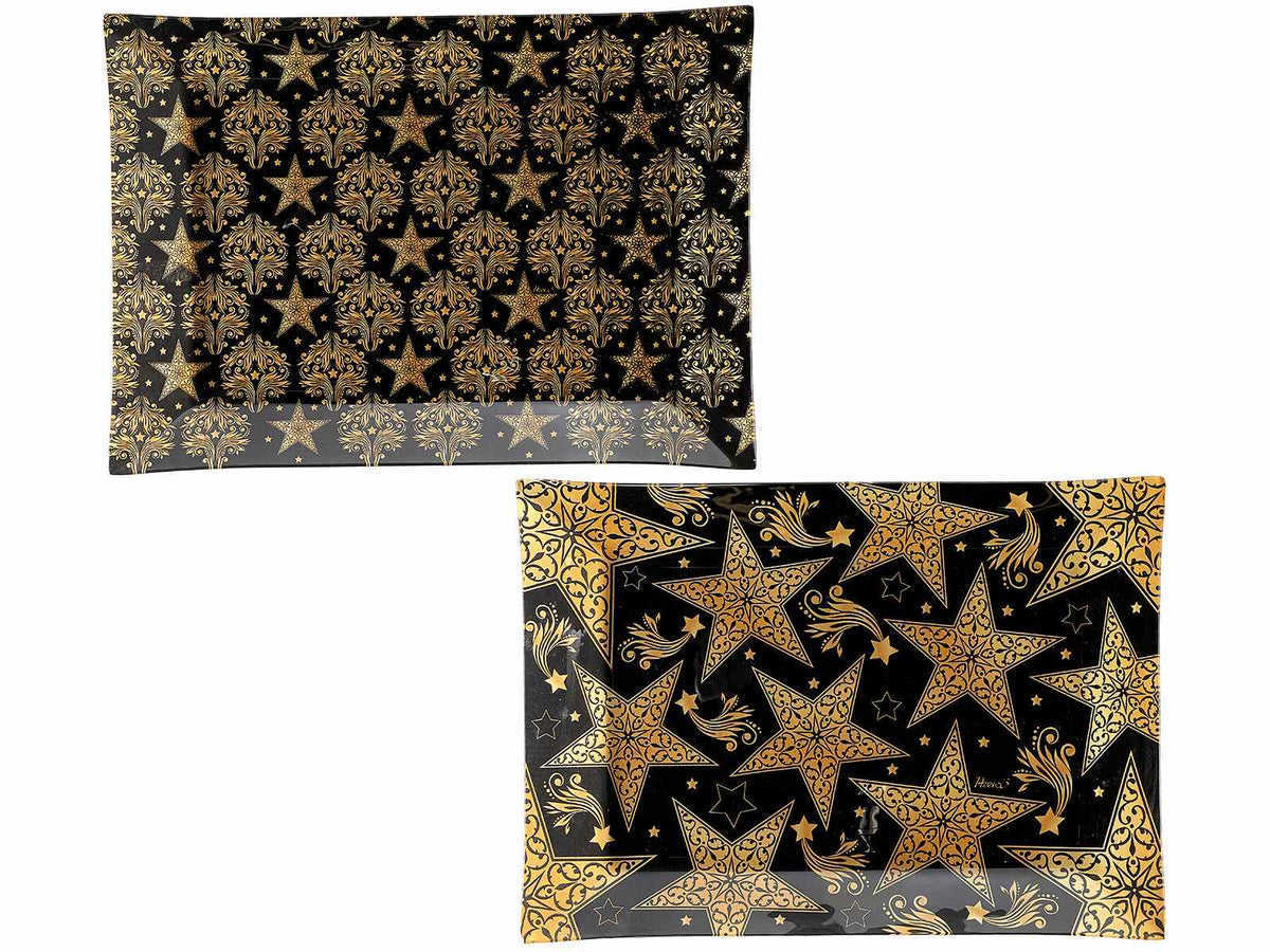 Piatti di Natale oro e nero con decori in vetro a forma rettangolare, adatti al contatto diretto con alimenti, set da 4 pezzi, cm 35 x 25 H