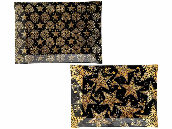 Set di 4 piatti di Natale oro e nero con decori in vetro a forma rettangolare, adatti al contatto diretto con alimenti, cm 35 x 25 H