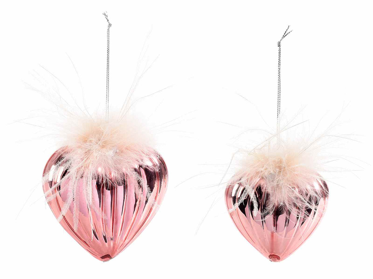 Cuori in vetro lavorato con piume rosa da appendere, set da 3 pezzi, Grande: cm 9,5 x 3,5 x 10 H