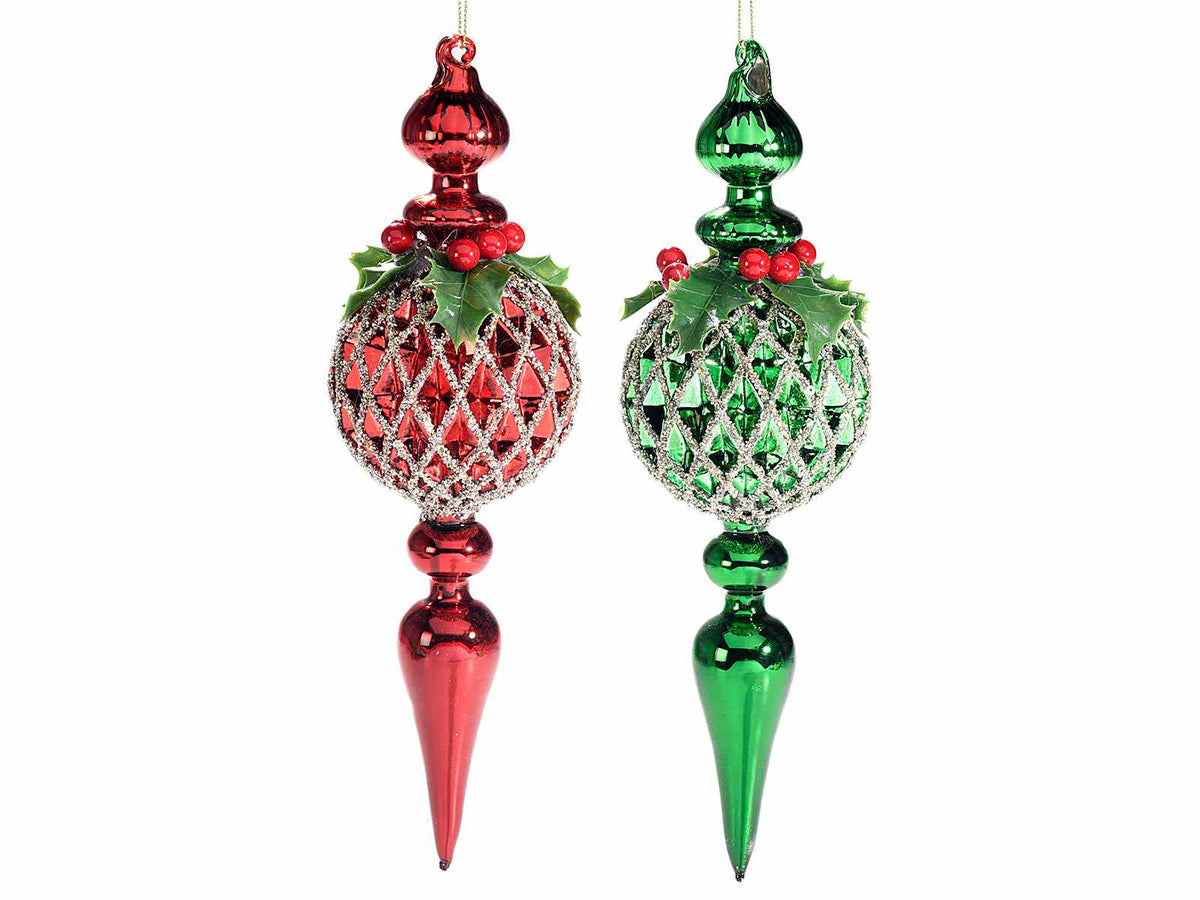 Decori in vetro con bacche e foglie di agrifoglio da appendere all'albero, set da 2 pezzi, Ø 8 cm x 27 H