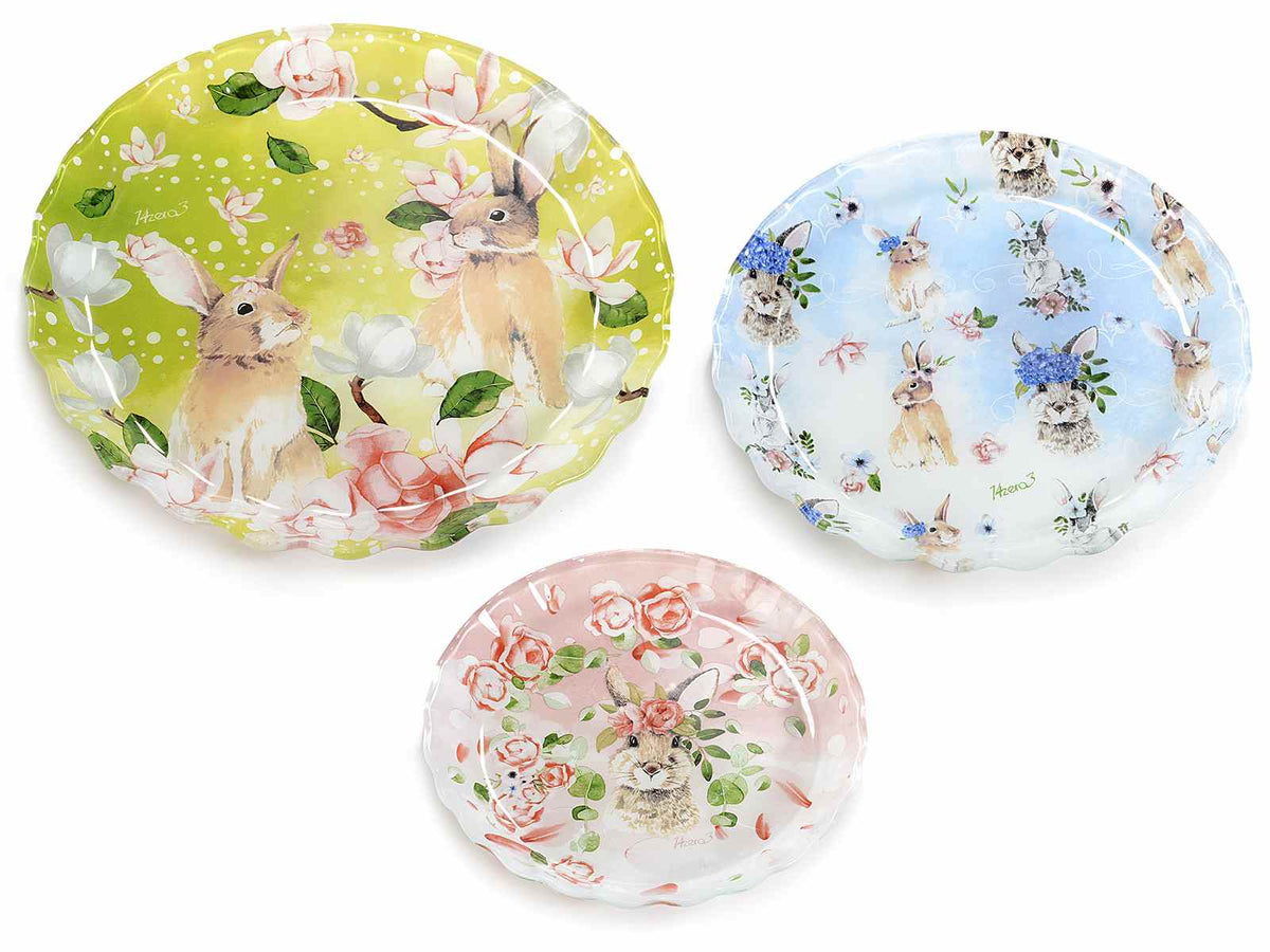 Piatti pasquali tondi in vetro decorato con coniglietti e fiori, set da 2 pezzi, Grande: Ø 28 cm