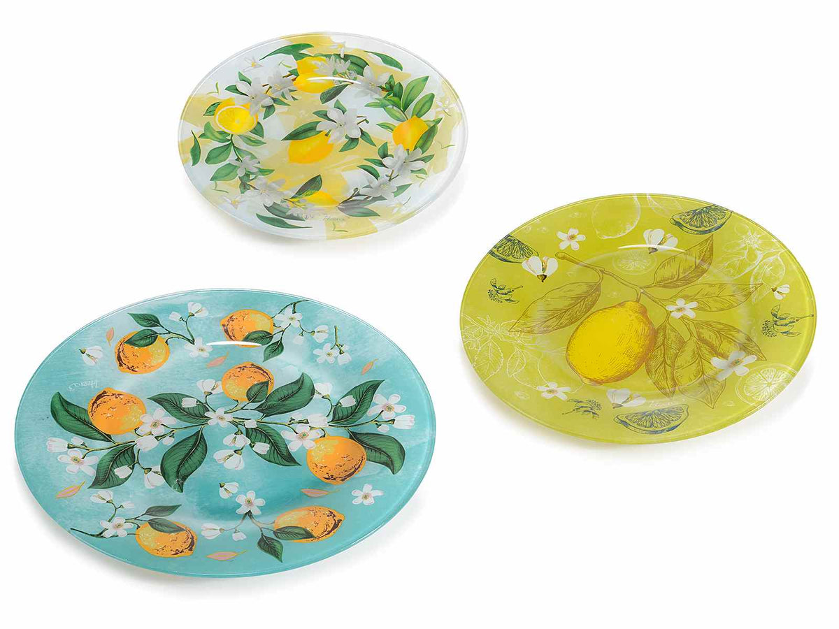Piatti tondi alimentari in vetro decorato con stampa limoni, set da 2 pezzi, Grande: Ø 30 cm
