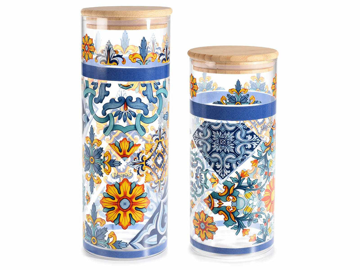 Contenitori da cucina per alimenti in vetro a tema maiolica con coperchio, Grande: Ø 10 cm x 27,5 H