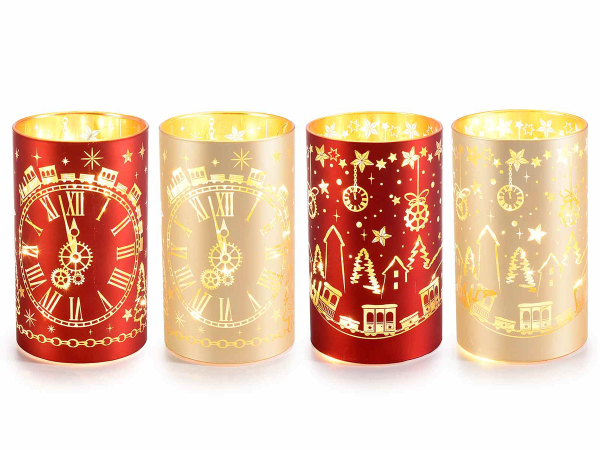 Lampade natalizie cilindriche in vetro decorato con luci LED, set da 4 pezzi, Ø 9 cm x 15 H