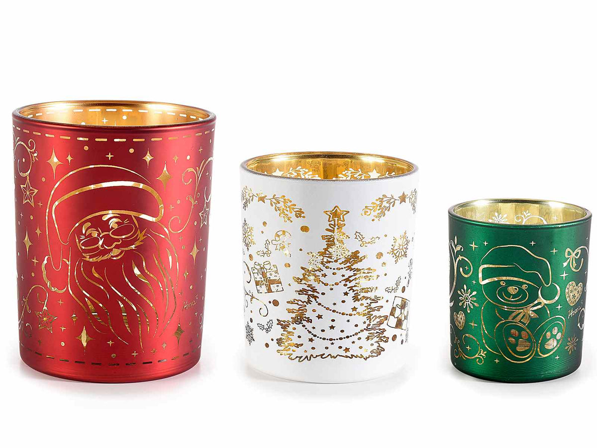 Portacandela di Natale in vetro decorato, set da 2 pezzi, Grande: Ø 10 cm x 12,5 H