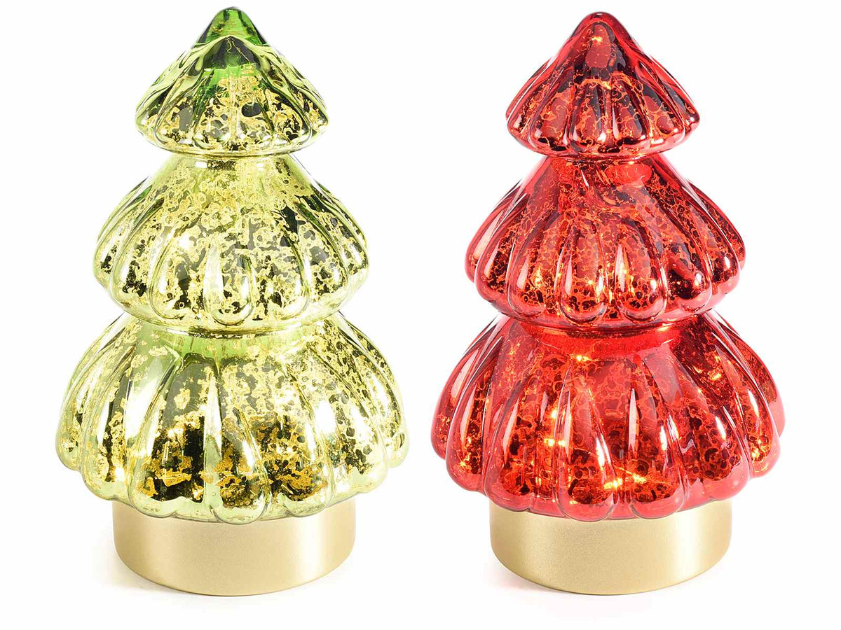 Albero di Natale a lampada in vetro lavorato con luci LED, set da 2 pezzi, Ø 12 cm x 18,5 H