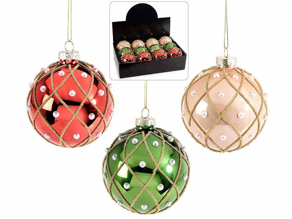 Palline natalizie in vetro colorato con perle e decori dorati in espositore, set da 12 pezzi, Ø 8 cm
