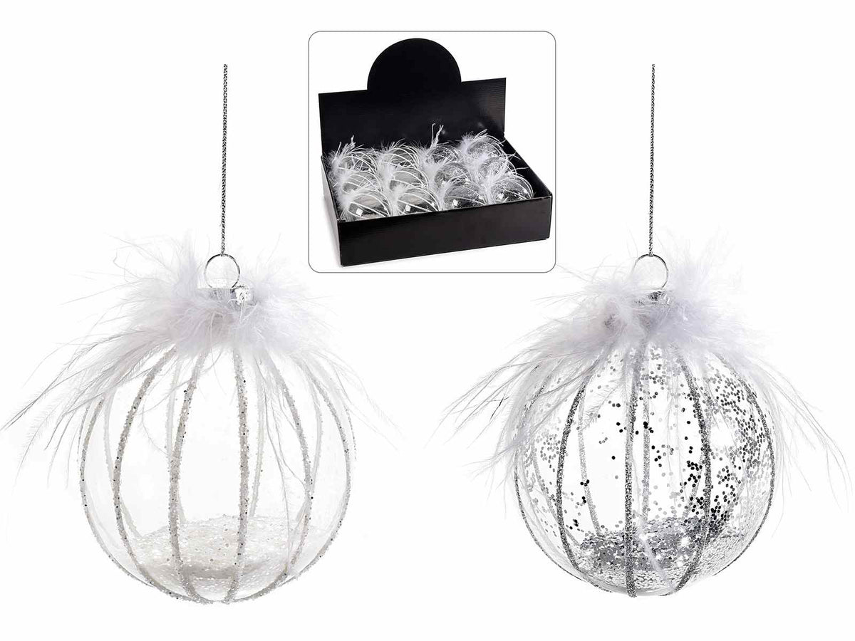 Palline in vetro trasparente con pagliuzze e piumette in espositore, set da 12 pezzi, Ø 8 cm
