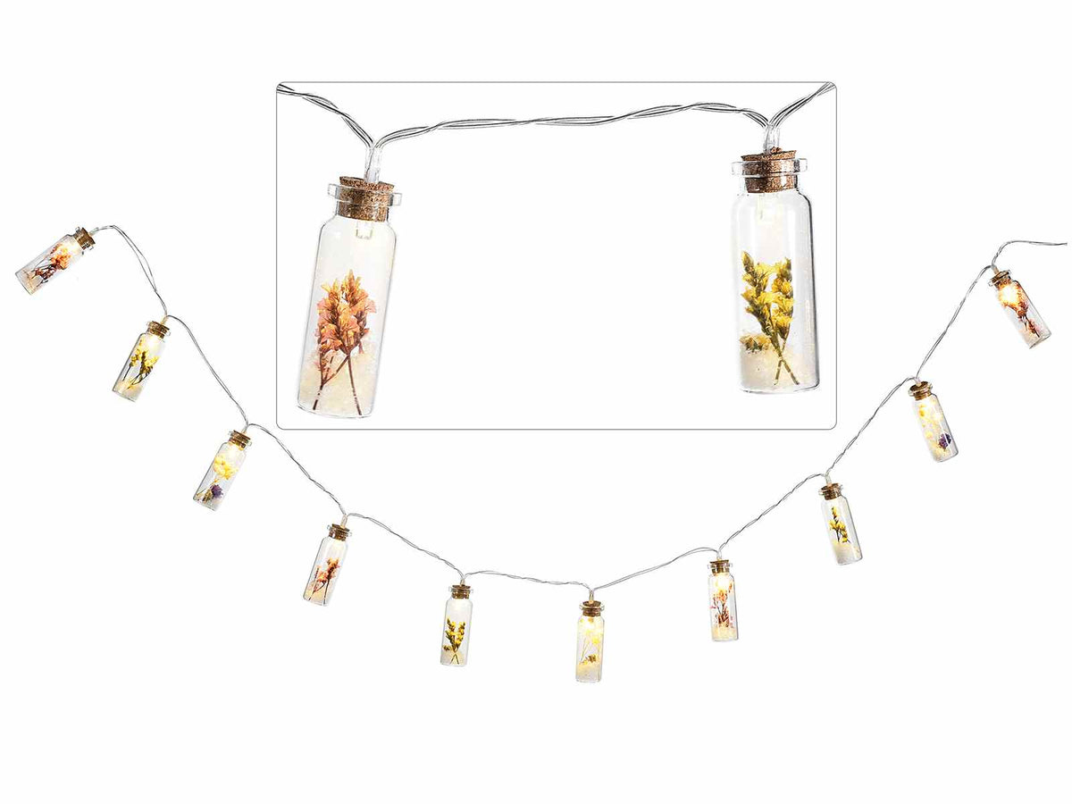 Catene decorative natalizie luminose con 10 bottigliette di vetro con fiori, set da 3 pezzi, cm93 con luci + 30solo cavo