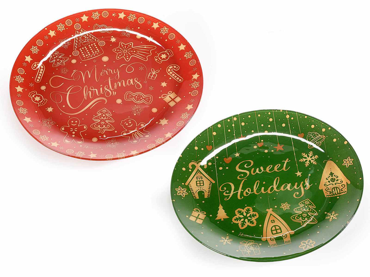 Piatti tondi in vetro per alimenti con decorazioni natalizie e scritte augurali, set da 4 pezzi, Ø 30 cm