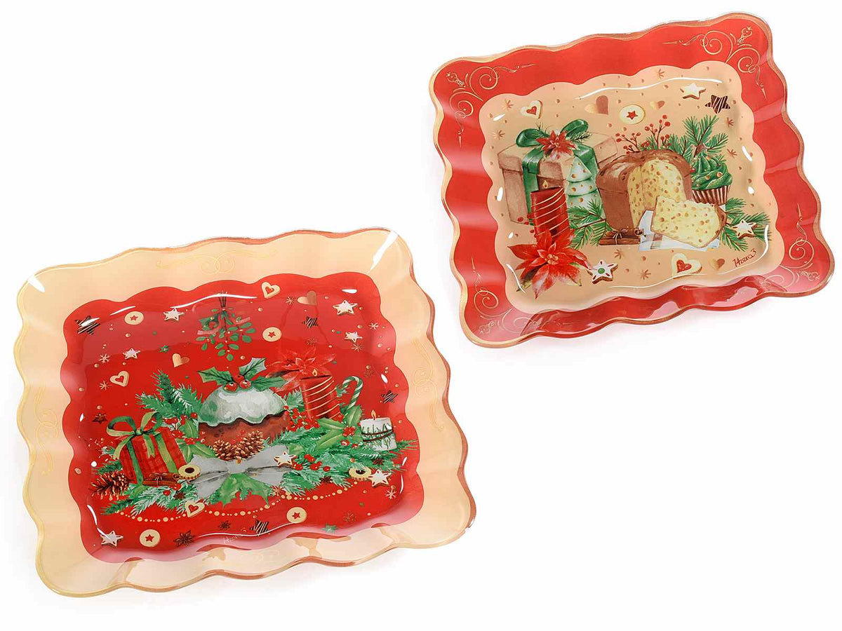 Piatti natalizi quadrati in vetro decoro natalizio, set da 2 pezzi, Grande: cm 30,5 x 30,5 H